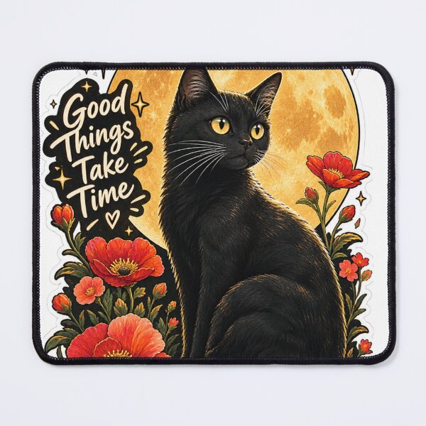 Item preview, Good Things Take Time Black Cat with Red Flowers and Full Moon Aesthetic Sticker designed and sold by PRIME4YOU.