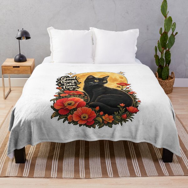 Item preview, Good Things Take Time Black Cat with Red Flowers and Full Moon Aesthetic Sticker designed and sold by PRIME4YOU.
