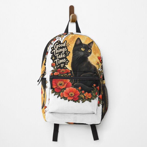 Item preview, Good Things Take Time Black Cat with Red Flowers and Full Moon Aesthetic Sticker designed and sold by PRIME4YOU.