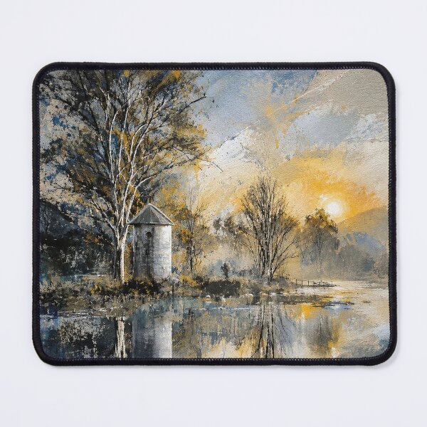Item preview, Vintage Sunset Lake Landscape - Rustic Stone Tower Painting designed and sold by ShabanMerch⭐⭐⭐.