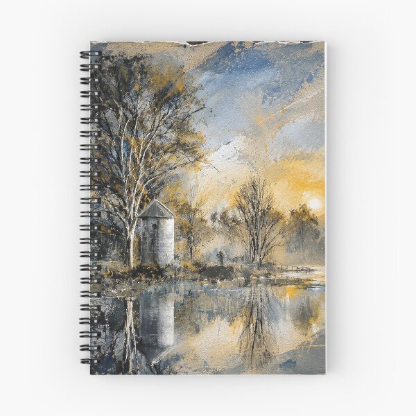 Item preview, Vintage Sunset Lake Landscape - Rustic Stone Tower Painting designed and sold by ShabanMerch⭐⭐⭐.