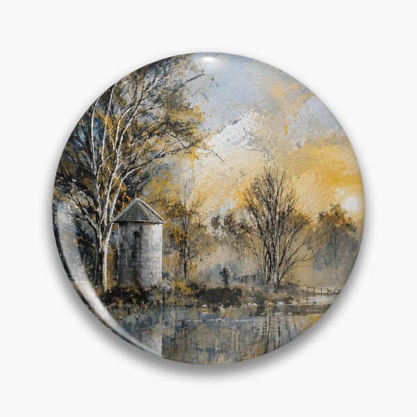 Item preview, Vintage Sunset Lake Landscape - Rustic Stone Tower Painting designed and sold by ShabanMerch⭐⭐⭐.