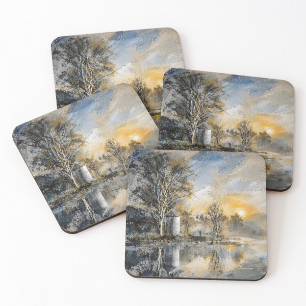 Item preview, Vintage Sunset Lake Landscape - Rustic Stone Tower Painting designed and sold by ShabanMerch.