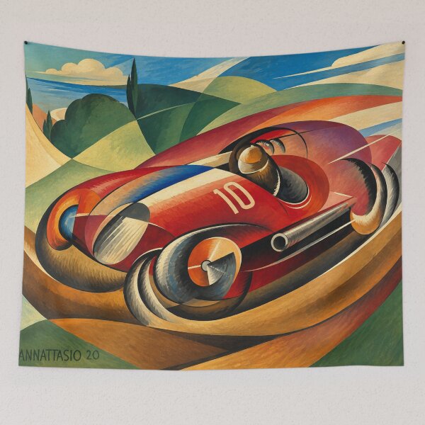 Artikelvorschau, Futuristische Rennwagen-Wandkunst, italienisches Vintage-Automobilgemälde, Ugo Giannattasio Auto im Corsa entworfen und verkauft von RickE.