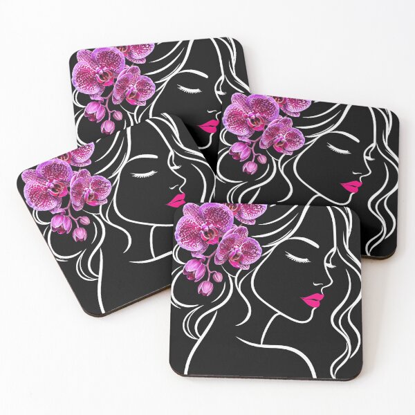 Item preview, Floral Woman Girl Face Line Art with Pink Orchids on Black Shapes Mania designed and sold by Shapes-Mania.