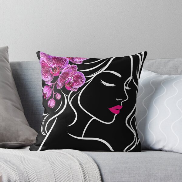 Item preview, Floral Woman Girl Face Line Art with Pink Orchids on Black Shapes Mania designed and sold by Shapes-Mania.
