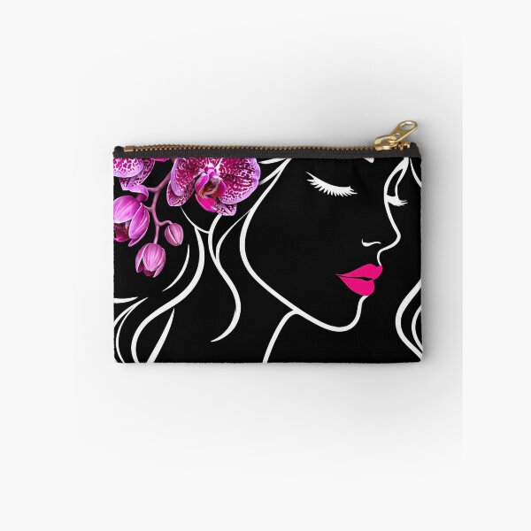 Item preview, Floral Woman Girl Face Closed Eyes Eyelashes  Line Art with Pink Orchids on Black Shapes Mania designed and sold by Shapes-Mania.