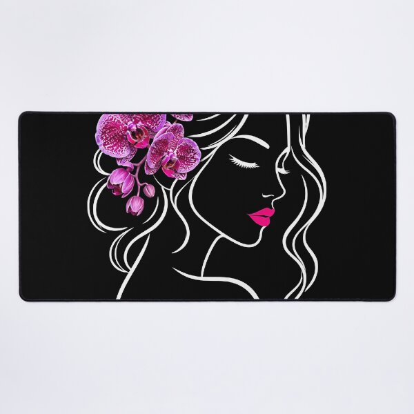 Item preview, Floral Woman Girl Face Line Art with Pink Orchids on Black Shapes Mania designed and sold by Shapes-Mania.