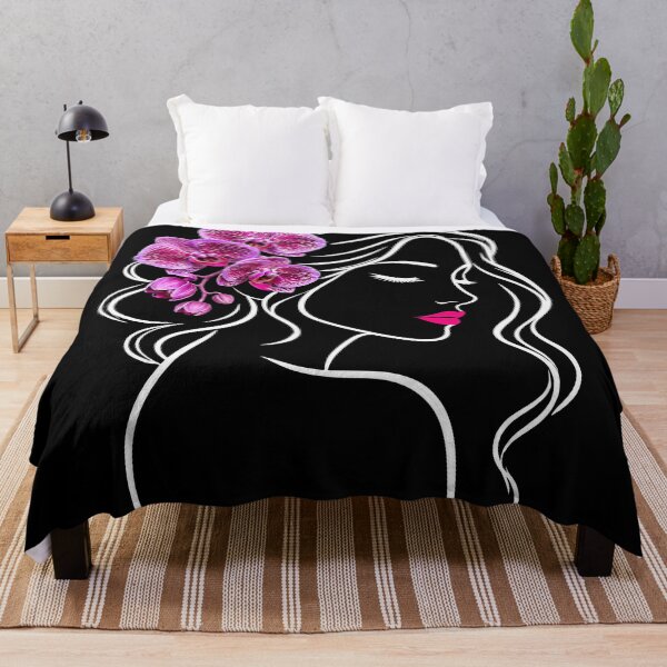 Item preview, Floral Woman Girl Face Line Art with Pink Orchids on Black Shapes Mania designed and sold by Shapes-Mania.