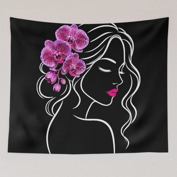 Item preview, Floral Woman Girl Face Line Art with Pink Orchids on Black Shapes Mania designed and sold by Shapes-Mania.