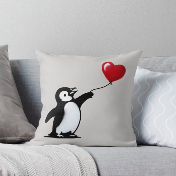 Item preview, a cute penguin reaching desperately toward a bright red heart-shaped balloon floating away designed and sold by 123ks.