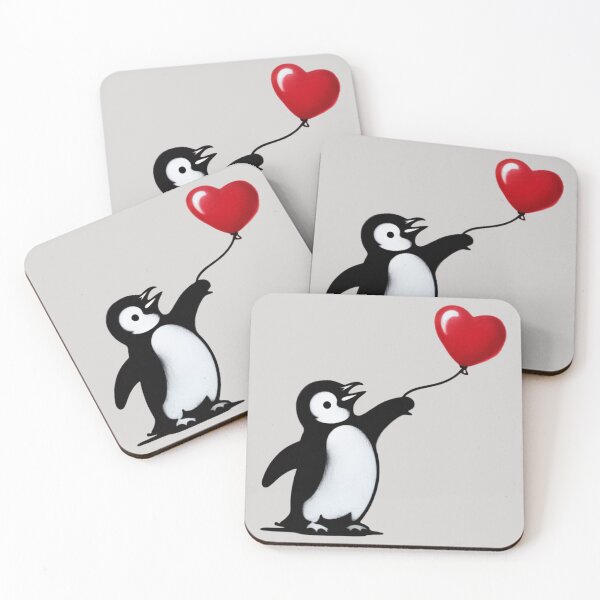 Item preview, a cute penguin reaching desperately toward a bright red heart-shaped balloon floating away designed and sold by 123ks.