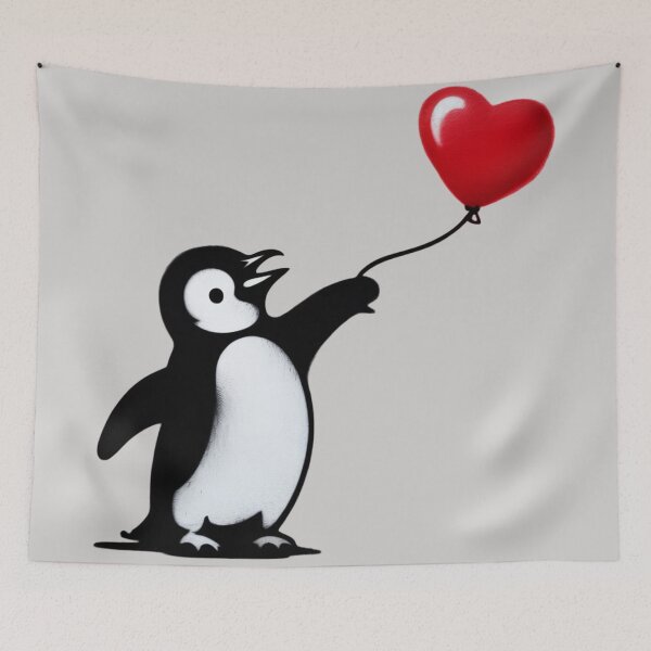 Item preview, a cute penguin reaching desperately toward a bright red heart-shaped balloon floating away designed and sold by 123ks.