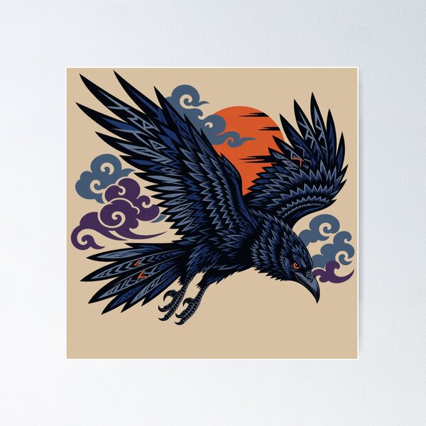 Item preview, Raven in Flight with Rising Sun – Dark Japanese Style Print designed and sold by SilentPowerArt.