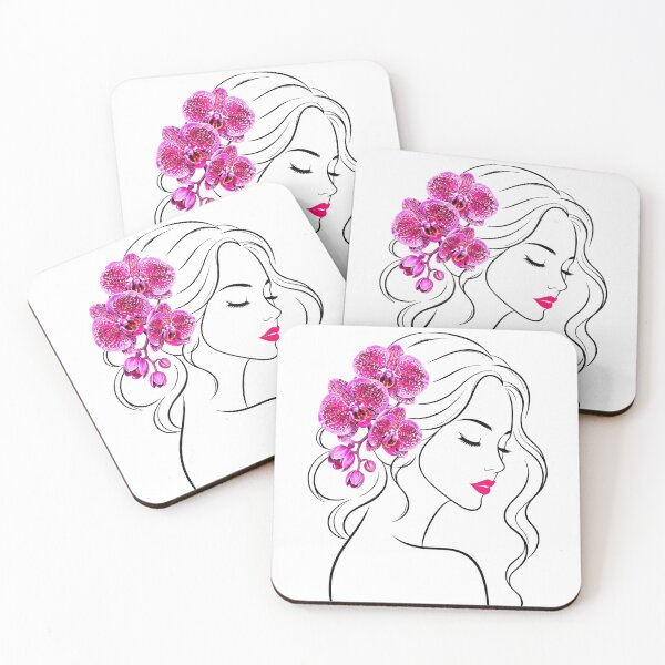 Item preview, Floral Woman Girl Face Closed Eyes Eyelashes  Line Art with Pink Orchids on White Shapes Mania designed and sold by Shapes-Mania.