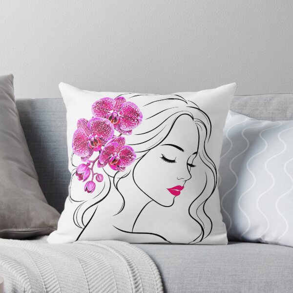 Item preview, Floral Woman Girl Face Closed Eyes Eyelashes  Line Art with Pink Orchids on White Shapes Mania designed and sold by Shapes-Mania.