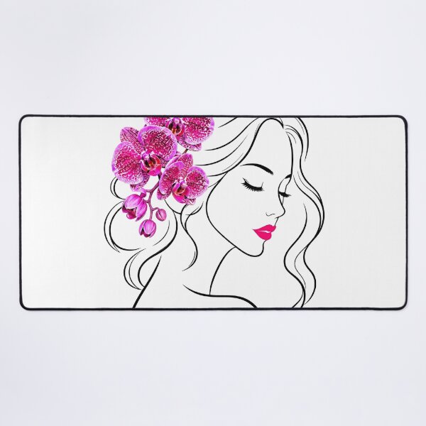 Item preview, Floral Woman Girl Face Line Art with Pink Orchids on White Shapes Mania designed and sold by Shapes-Mania.