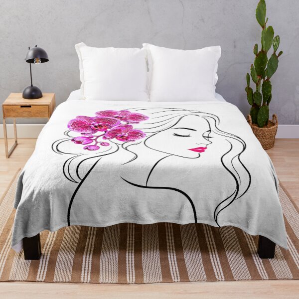 Item preview, Floral Woman Girl Face Line Art with Pink Orchids on White Shapes Mania designed and sold by Shapes-Mania.