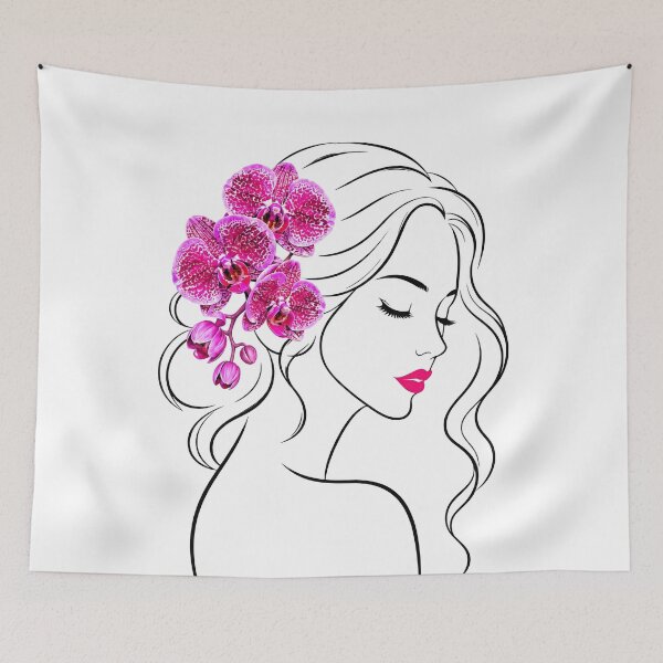 Item preview, Floral Woman Girl Face Line Art with Pink Orchids on White Shapes Mania designed and sold by Shapes-Mania.