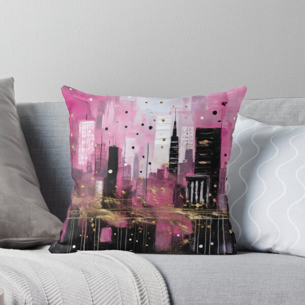 Item preview, Pink Abstract Cityscape Oil Painting, modern minimalist abstract art city landscape, pastel pink with gold highlights, grungy textured Rustic  designed and sold by navitalidesign.