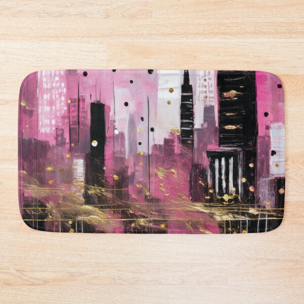 Item preview, Pink Abstract Cityscape Oil Painting, modern minimalist abstract art city landscape, pastel pink with gold highlights, grungy textured Rustic  designed and sold by navitalidesign.