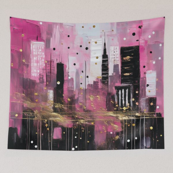 Item preview, Pink Abstract Cityscape Oil Painting, modern minimalist abstract art city landscape, pastel pink with gold highlights, grungy textured Rustic  designed and sold by navitalidesign.