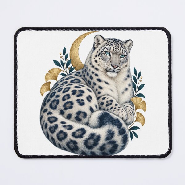 Item preview, Celestial Snow Leopard with Golden Moon – Botanical Wildlife Art designed and sold by Pixel & Ponder.