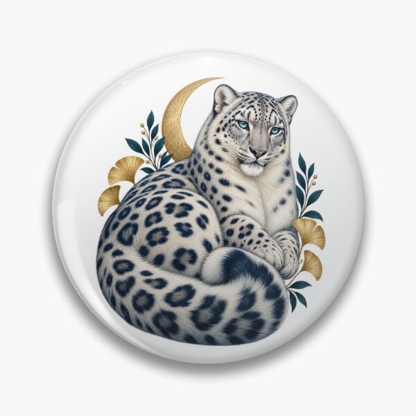 Item preview, Celestial Snow Leopard with Golden Moon – Botanical Wildlife Art designed and sold by Pixel & Ponder.