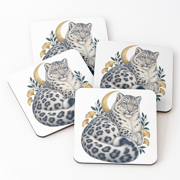 Item preview, Celestial Snow Leopard with Golden Moon – Botanical Wildlife Art designed and sold by Pixel & Ponder.