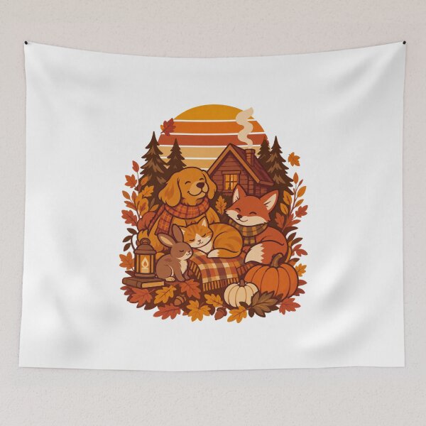 Aperçu de l'œuvre Cozy Autumn Forest Cabin Animals créée et vendue par LuveraxArt.