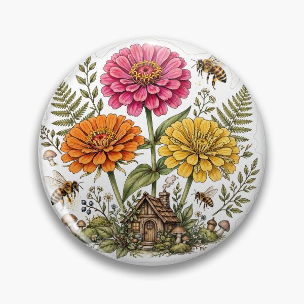 Item preview, Zinnia Bee Cottage Flower Sticker designed and sold by RareBotanical .
