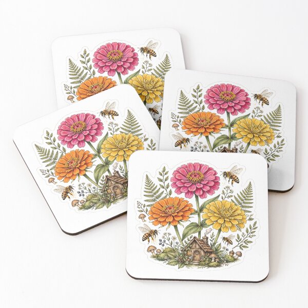 Item preview, Zinnia Bee Cottage Flower Sticker designed and sold by FineLineBotanical .
