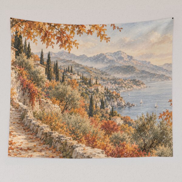 Item preview, Rustic Mediterranean Autumn Coastal Hillside Oil Painting designed and sold by Jozefin's Studio.