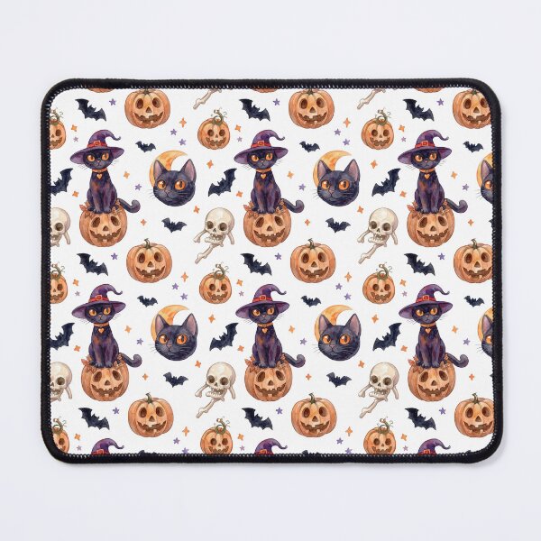 Item preview, Watercolor Halloween Seamless Pattern Cute Black Cats Pumpkins Bats designed and sold by PawtopiaArt.
