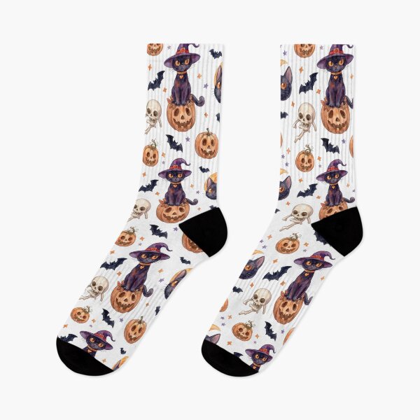 Item preview, Watercolor Halloween Seamless Pattern Cute Black Cats Pumpkins Bats designed and sold by PawtopiaArt.