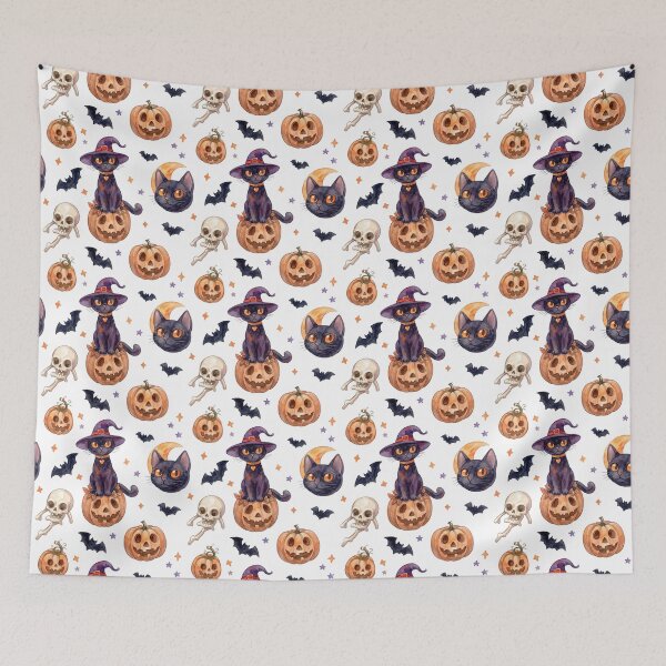Item preview, Watercolor Halloween Seamless Pattern Cute Black Cats Pumpkins Bats designed and sold by PawtopiaArt.
