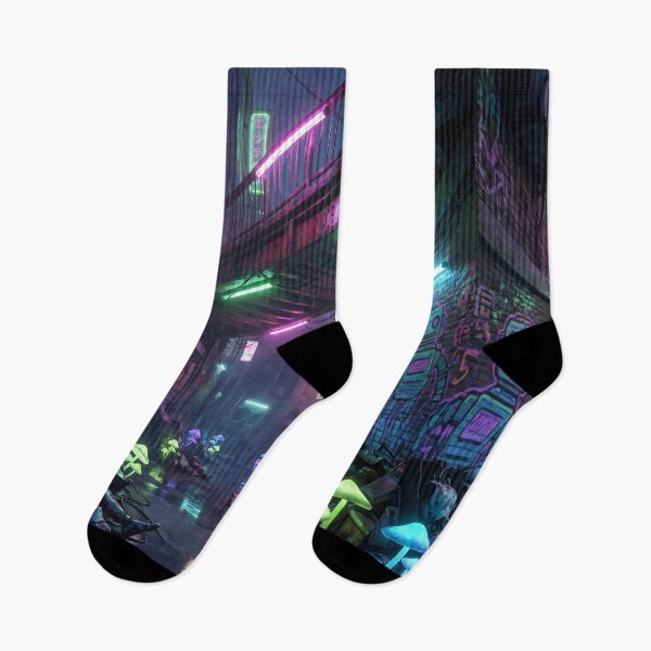 Item preview, Cyberpunk Neon Alley Rainy Street Bioluminescent Mushrooms designed and sold by IriArt-Designs.