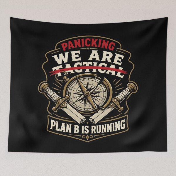 Item preview, We Are Panicking - Funny RPG Tactical Failure Strikethrough Shirt designed and sold by Dice_Goblin_Studio.