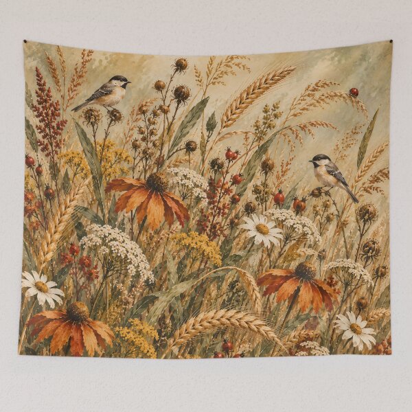 Item preview, Vintage Meadow Wildflowers and Birds Autumn Oil Painting designed and sold by Jozefin's Studio.