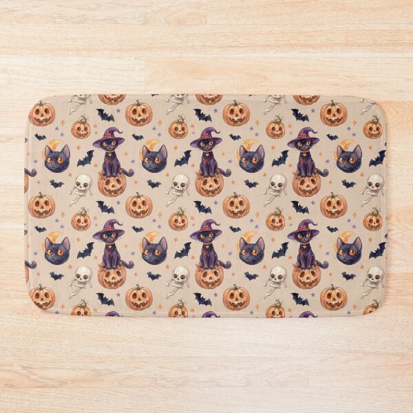 Item preview, Vintage Watercolor Halloween Pattern Cute Black Cats Pumpkins Beige Background designed and sold by PawtopiaArt.
