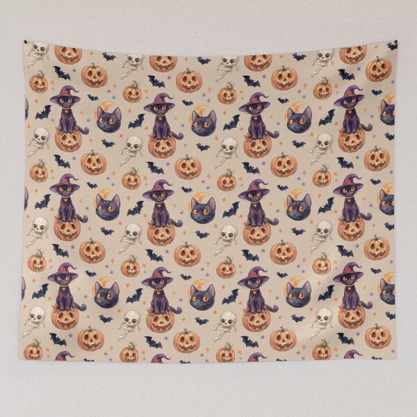 Item preview, Vintage Watercolor Halloween Pattern Cute Black Cats Pumpkins Beige Background designed and sold by PawtopiaArt.