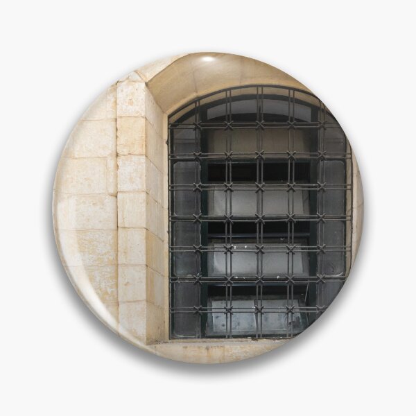 Item preview, Arched Stone Window With Iron Bars on Historic Beige Masonry Building Facade designed and sold by Nmallia.
