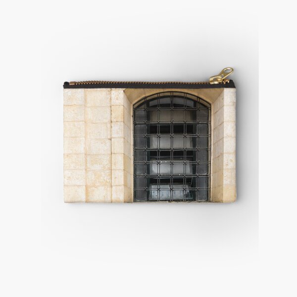 Item preview, Arched Stone Window With Iron Bars on Historic Beige Masonry Building Facade designed and sold by Nmallia.