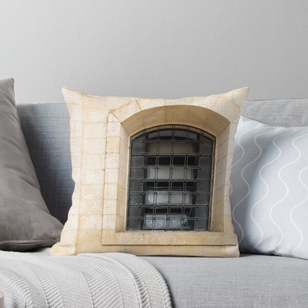 Item preview, Arched Stone Window With Iron Bars on Historic Beige Masonry Building Facade designed and sold by Nmallia.