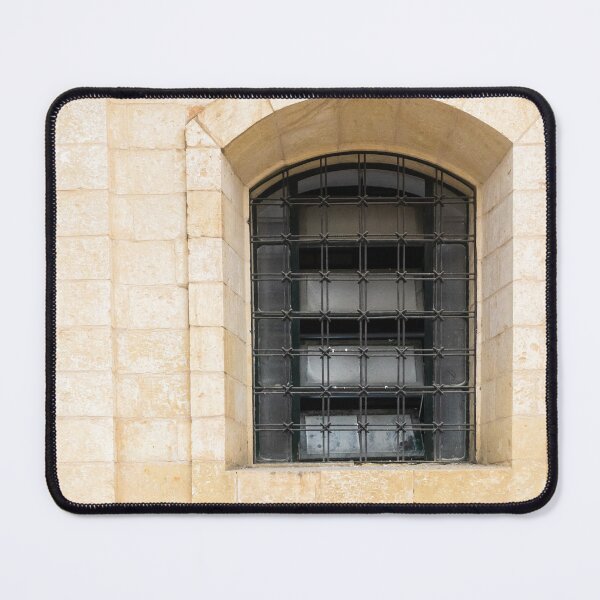Item preview, Arched Stone Window With Iron Bars on Historic Beige Masonry Building Facade designed and sold by Nmallia.