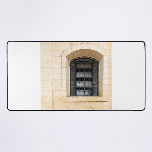Item preview, Arched Stone Window With Iron Bars on Historic Beige Masonry Building Facade designed and sold by Nmallia.