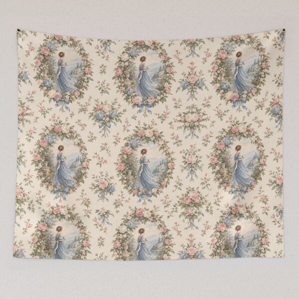 Item preview, Vintage Victorian Woman Floral Toile Pattern – Romantic Blue Garden Quilt & Curtain Design designed and sold by MimiSabu.