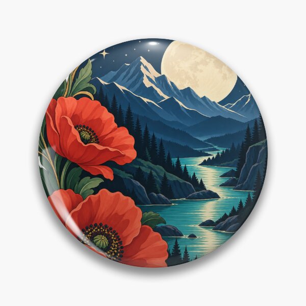 Item preview, Moonlit Mountain Portal with Red Poppies – Art Nouveau Landscape designed and sold by Pixel & Ponder.