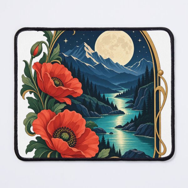 Item preview, Moonlit Mountain Portal with Red Poppies – Art Nouveau Landscape designed and sold by Pixel & Ponder.