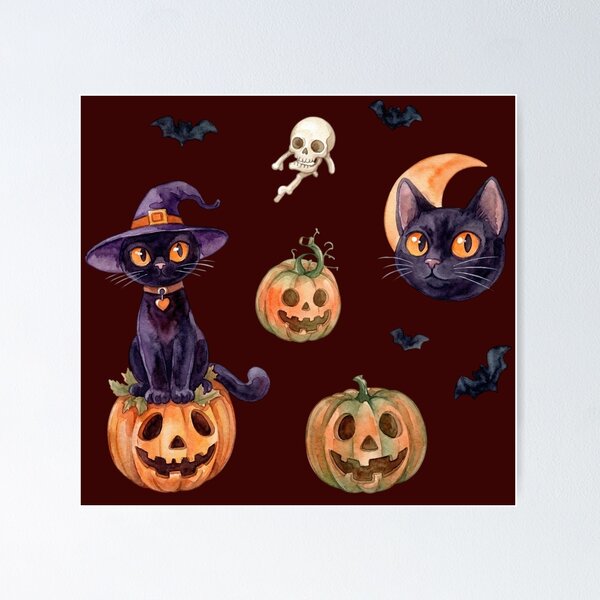 Item preview, Moody Watercolor Halloween Pattern Black Cats Pumpkins Brown Background designed and sold by PawtopiaArt.